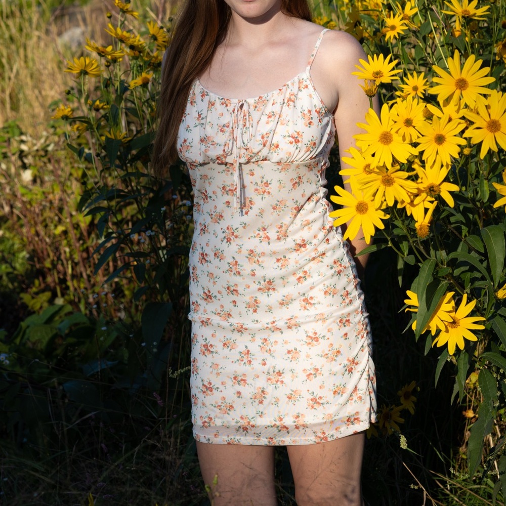 Floral Spaghetti Strap Mini Dress - Cream with Peach Floral Print